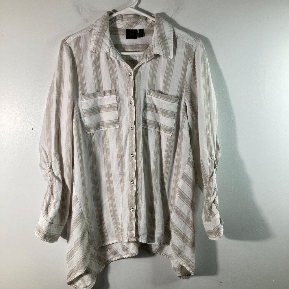 Womens Rafaella Linen Lagenlook Tunic M White Tan Stripes Buttons